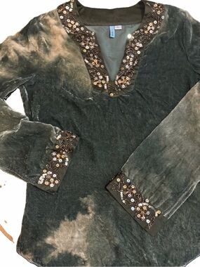 Vtg Crushed Velvet Olive Green Tie Dye Emblished Fairy Top Blouse Small 4 Y2K